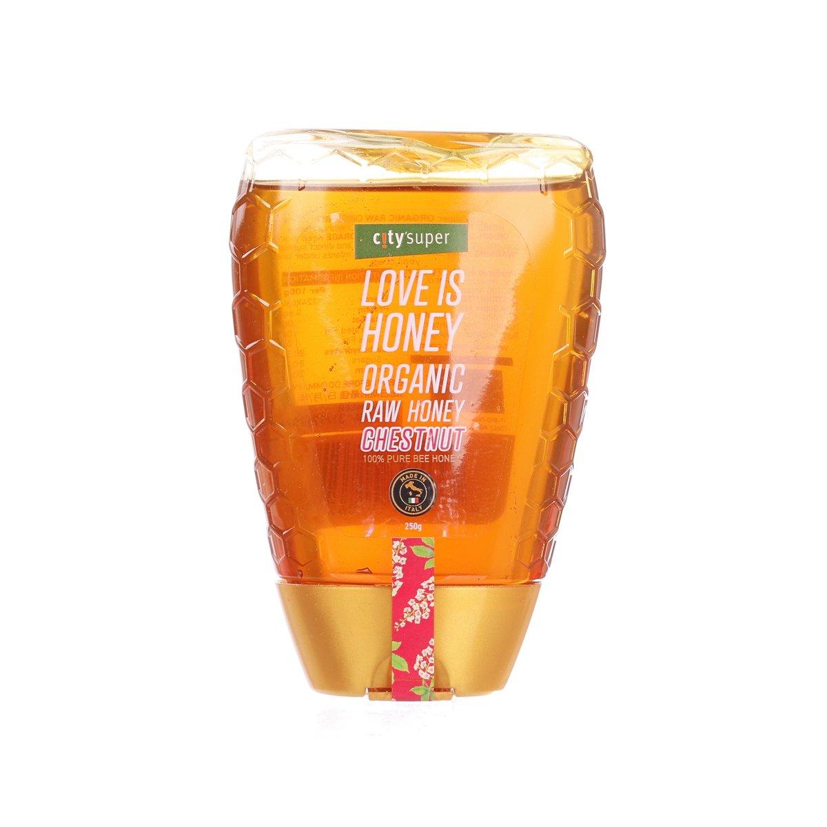 Organic raw chestnut honey squeeze bottle, clear cap and honeycomb label