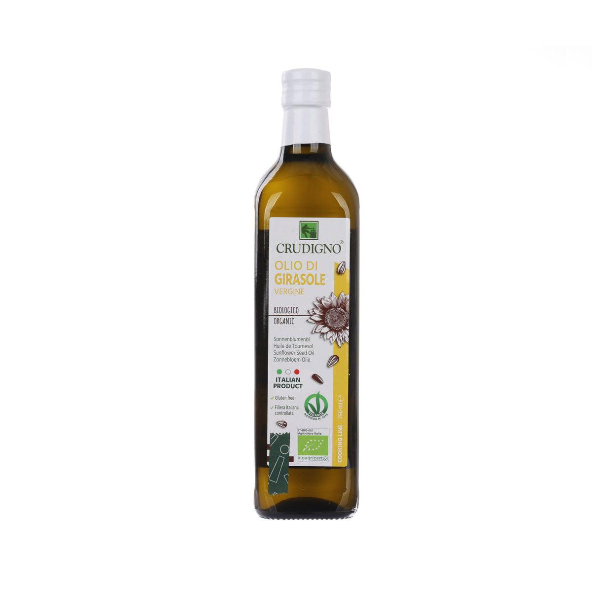 CRUDIGNO organic cold-pressed sunflower seed oil bottle, amber glass, white cap, 750 mL