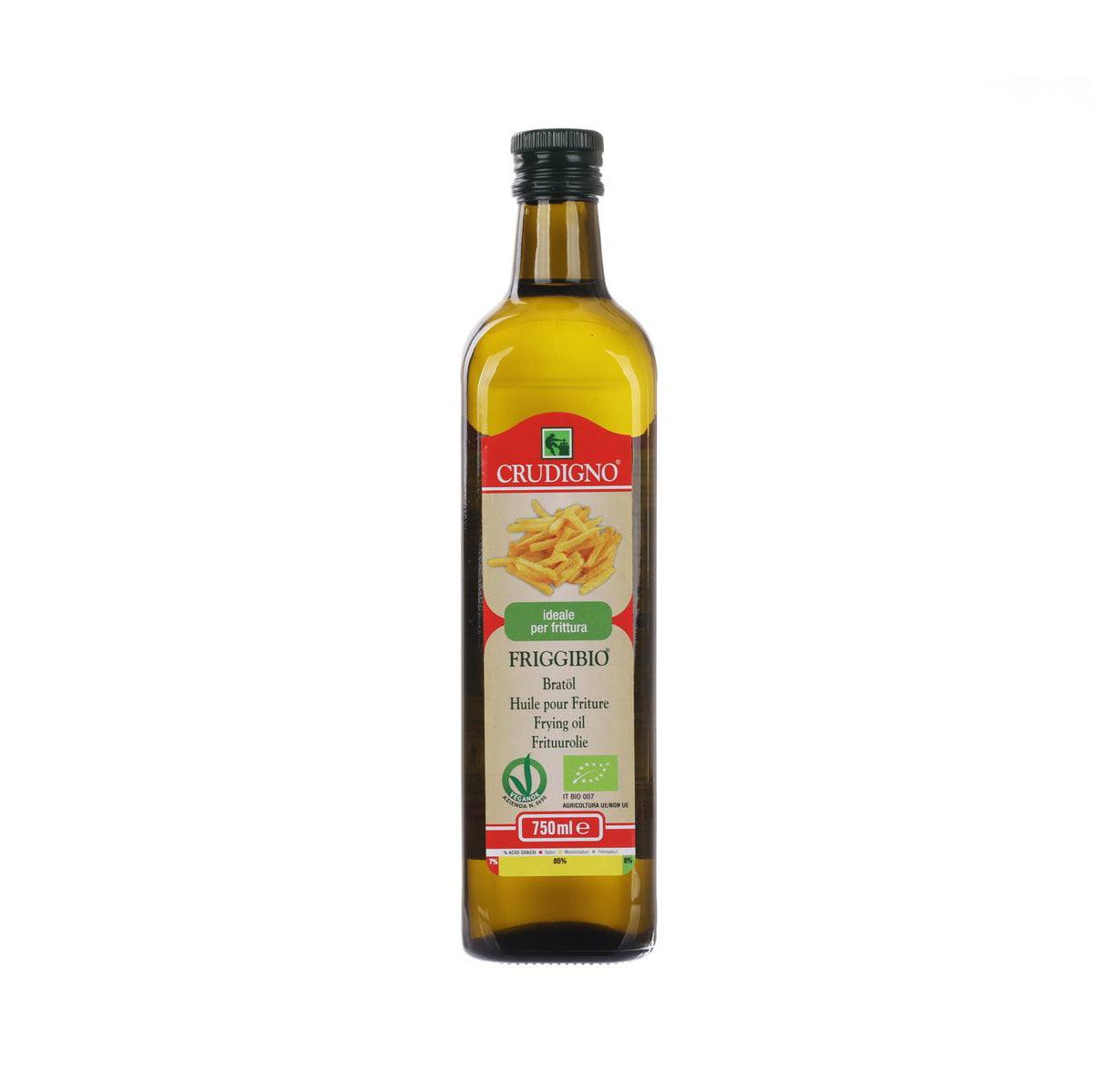 CRUDIGNO organic frying oil bottle, 750 mL, yellow glass with front label
