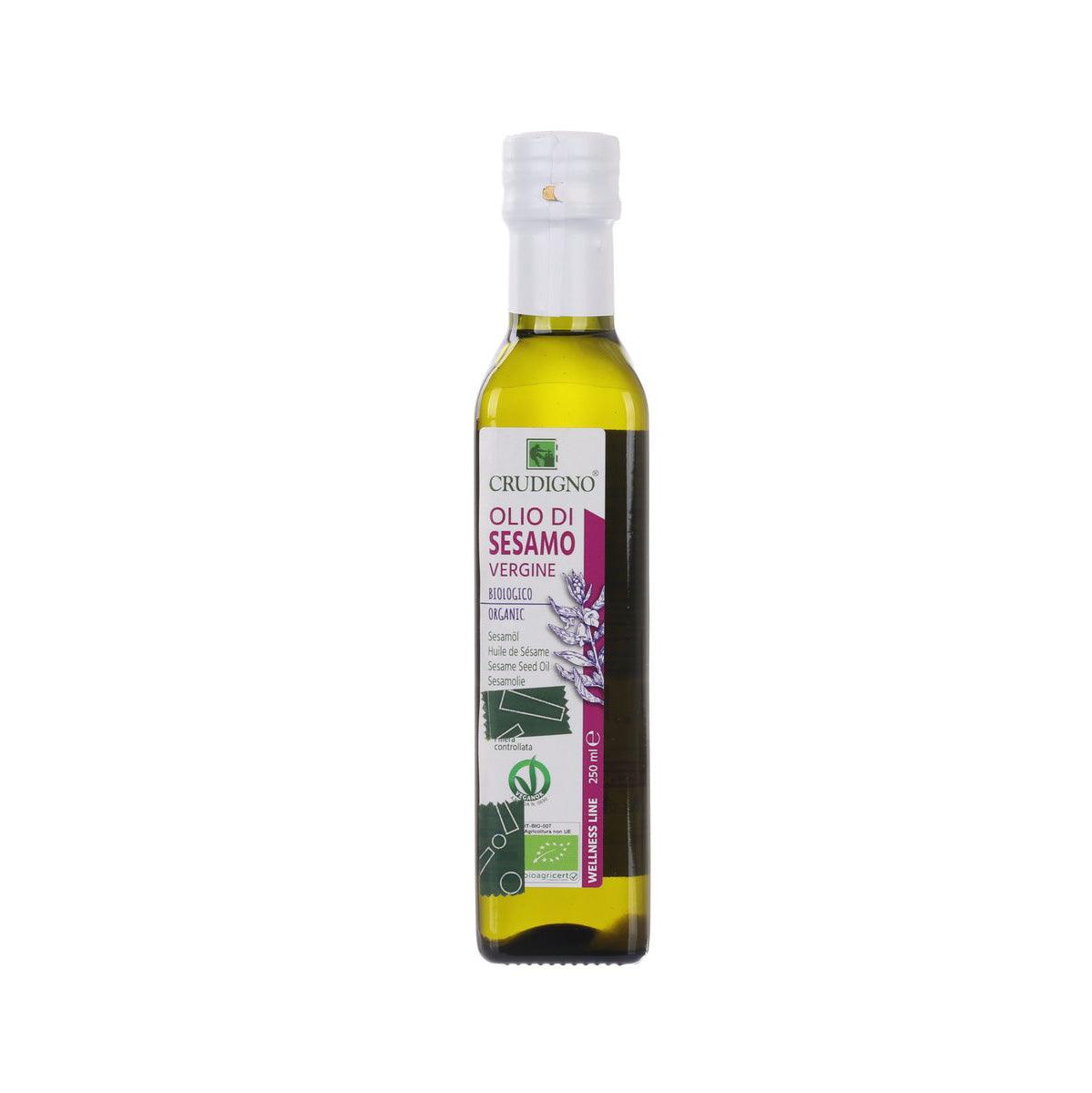 Organic sesame seed oil bottle, 250 mL, with front label and pour cap