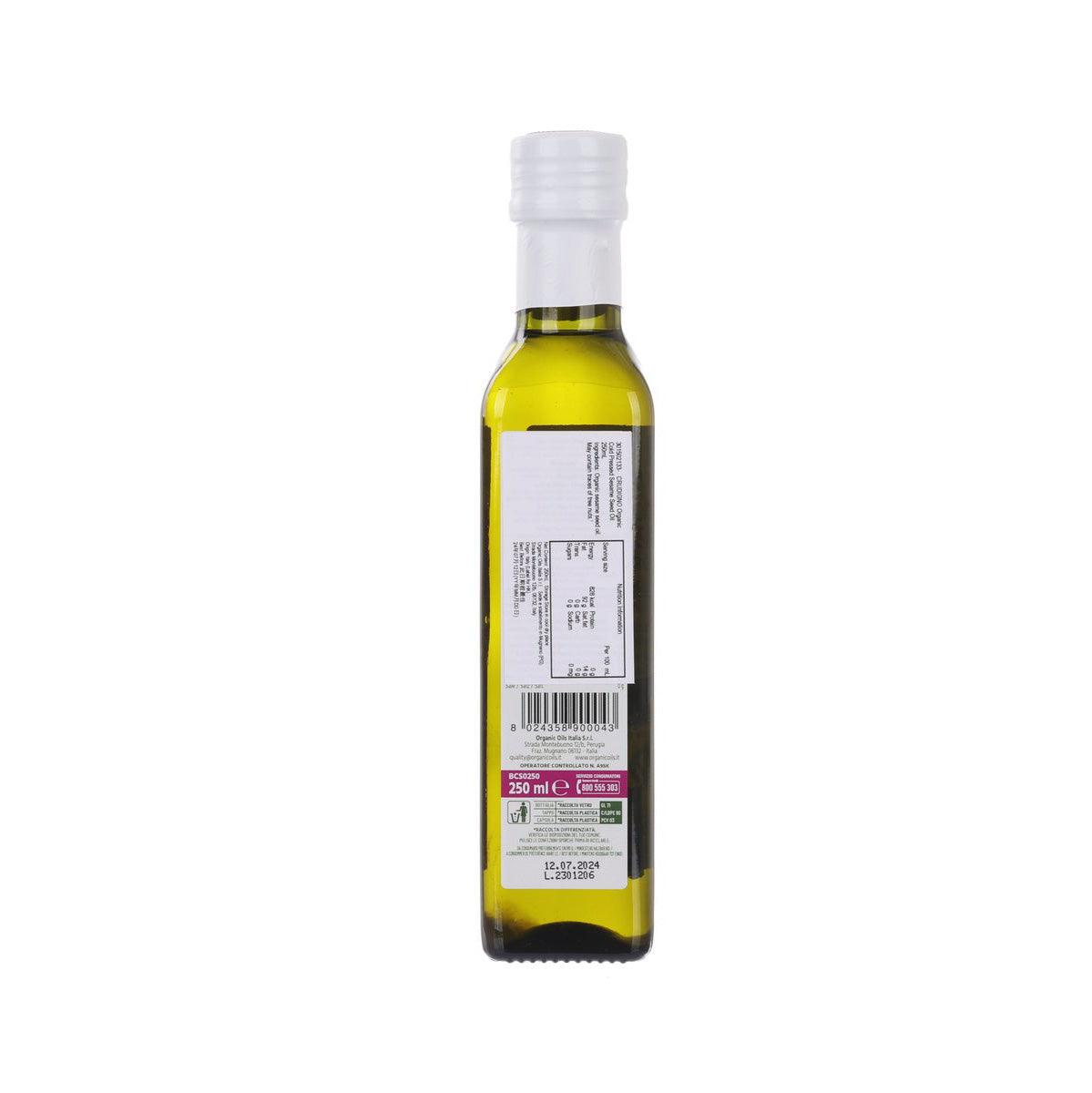 Organic sesame seed oil bottle, 250 mL, showing back label and barcode