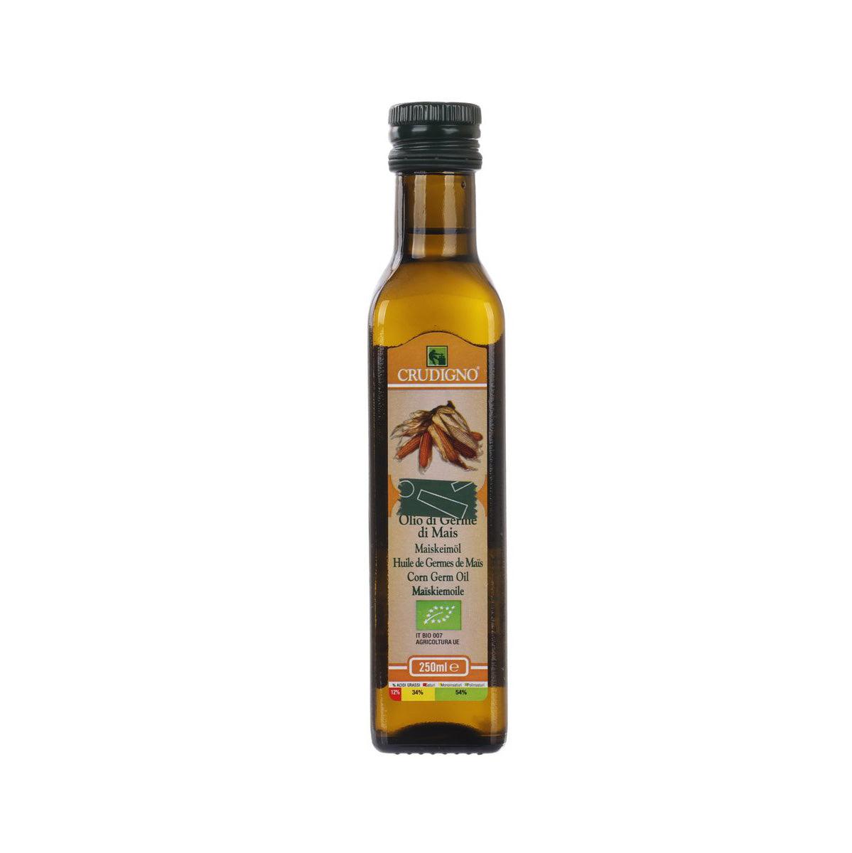 CRUDIGNO organic corn germ oil bottle, amber glass with black screw cap, 250 mL