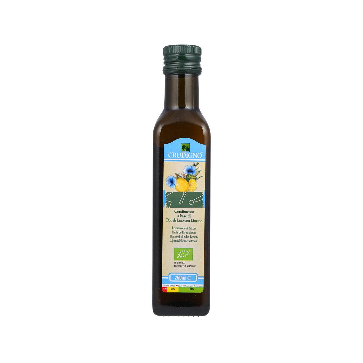 Organic cold-pressed flaxseed oil bottle, lemon flavor, 250 mL
