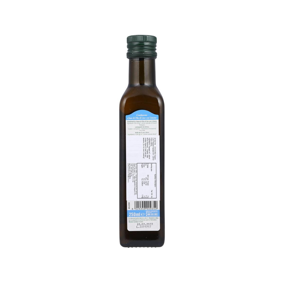 Organic cold-pressed flaxseed oil bottle, back label, 250 mL