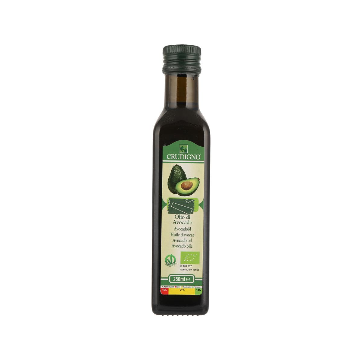 CRUDIGNO organic cold-pressed avocado oil in dark glass bottle, 250 mL
