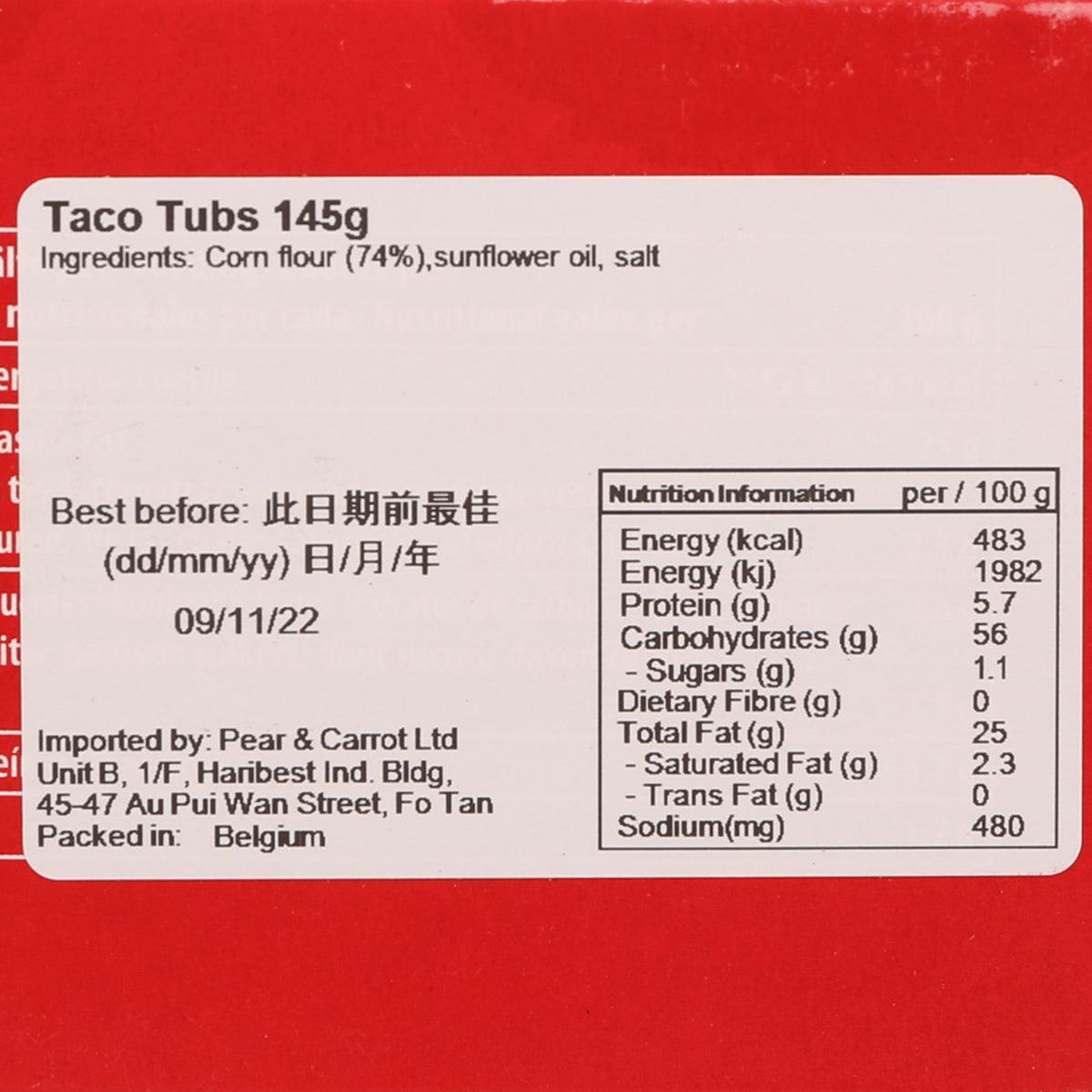 Taco Tubs 145g nutrition label with ingredients and Best before date
