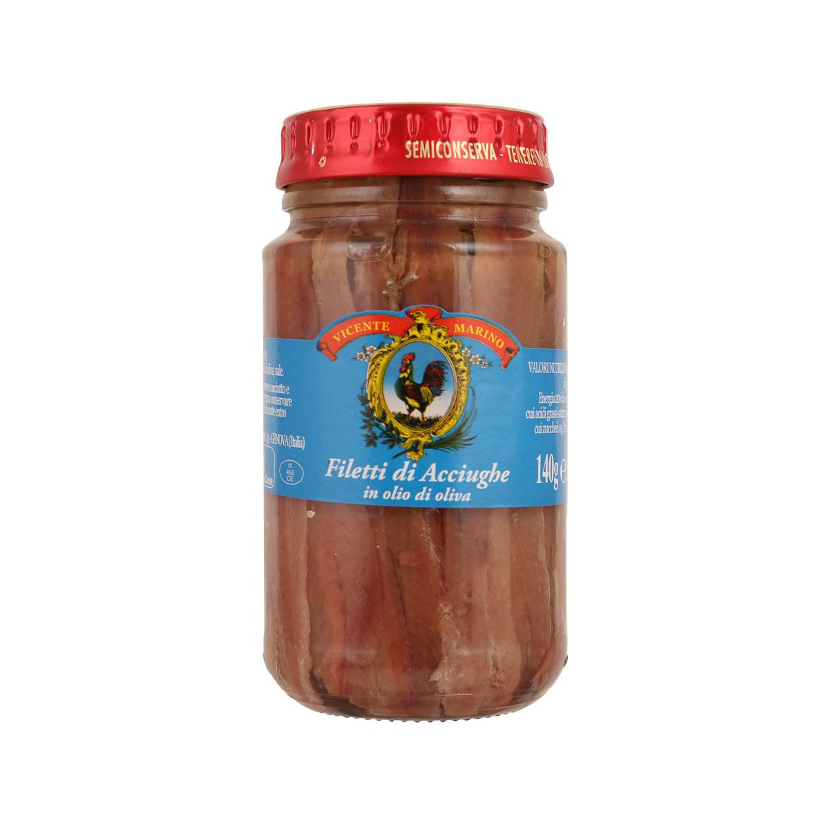 Jar of anchovy fillets in olive oil, red lid, front label
