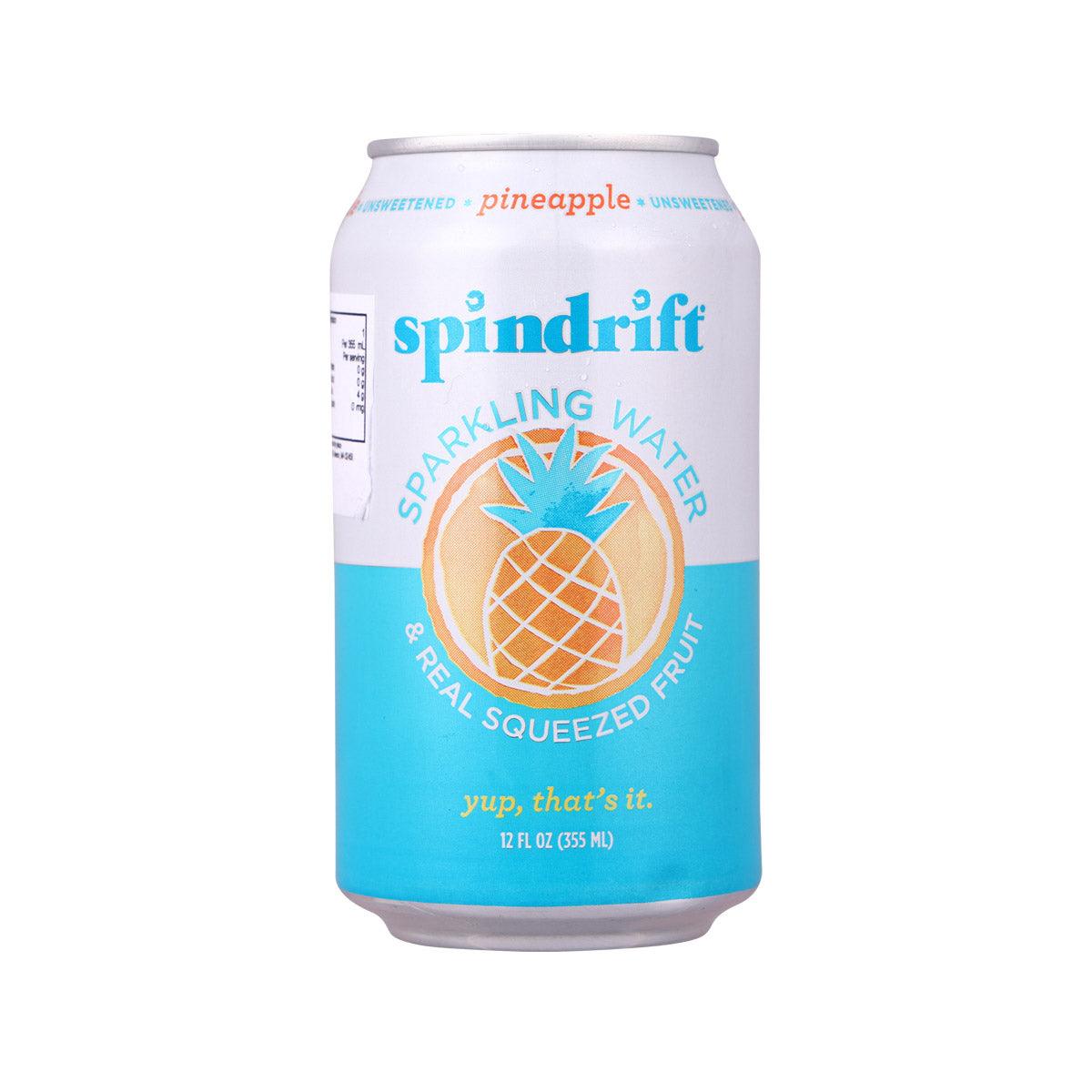 SPINDRIFT pineapple sparkling water can, 355 mL, blue label with pineapple graphic