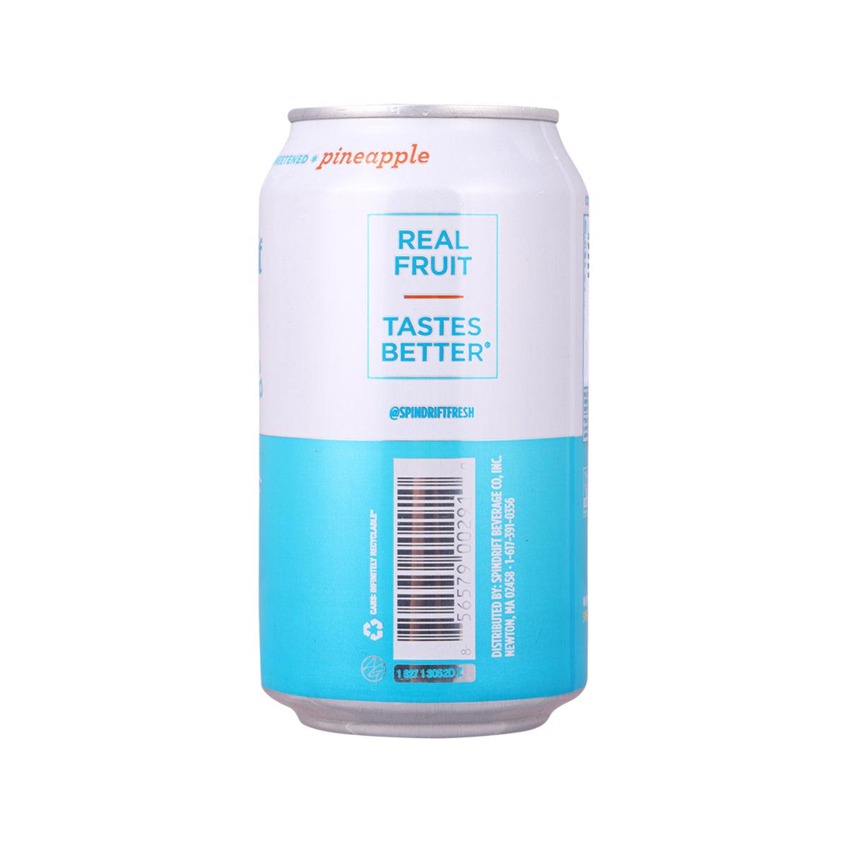SPINDRIFT pineapple sparkling water can, back panel with Real fruit text