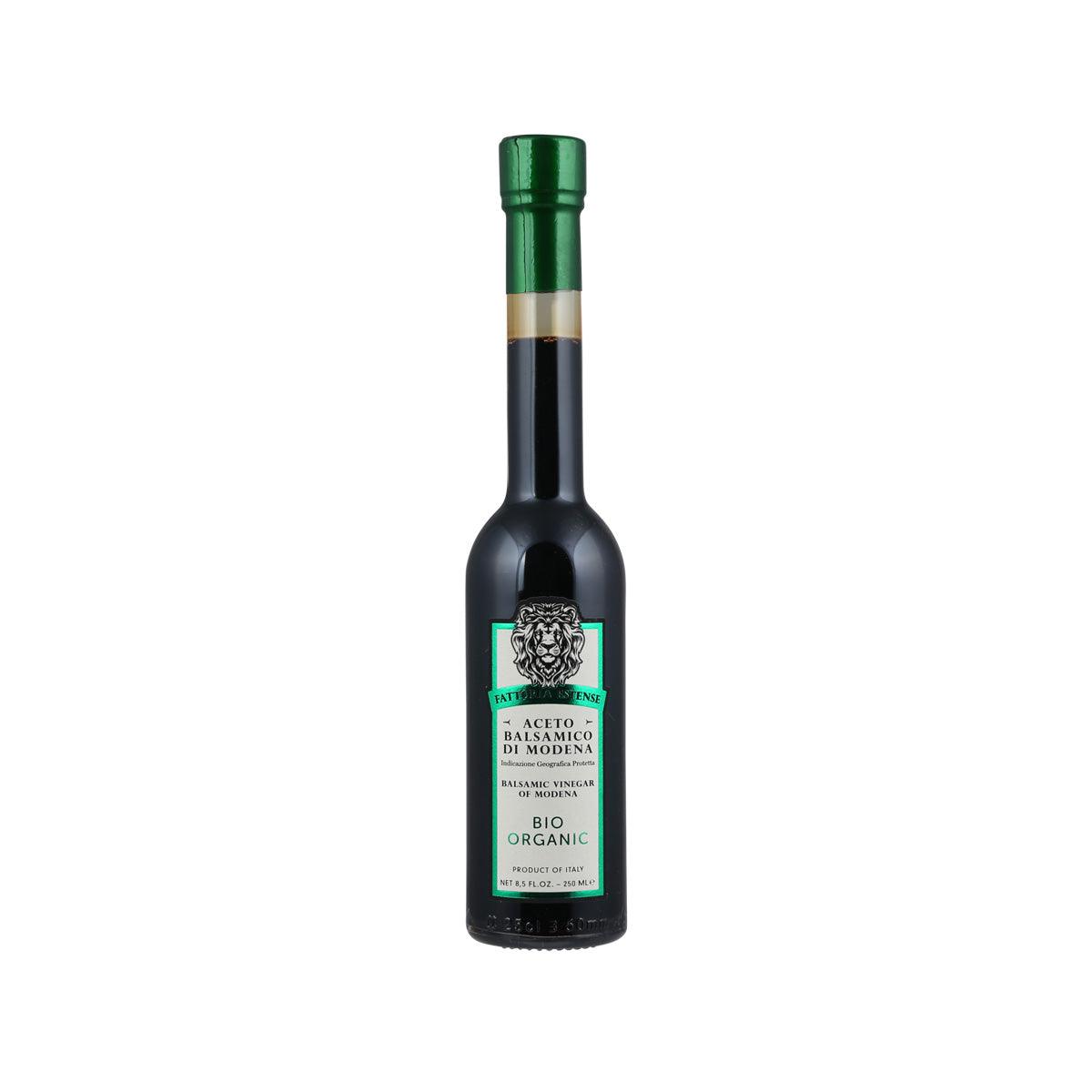 FATTORIA ESTENSE organic balsamic vinegar bottle, dark glass with green cap