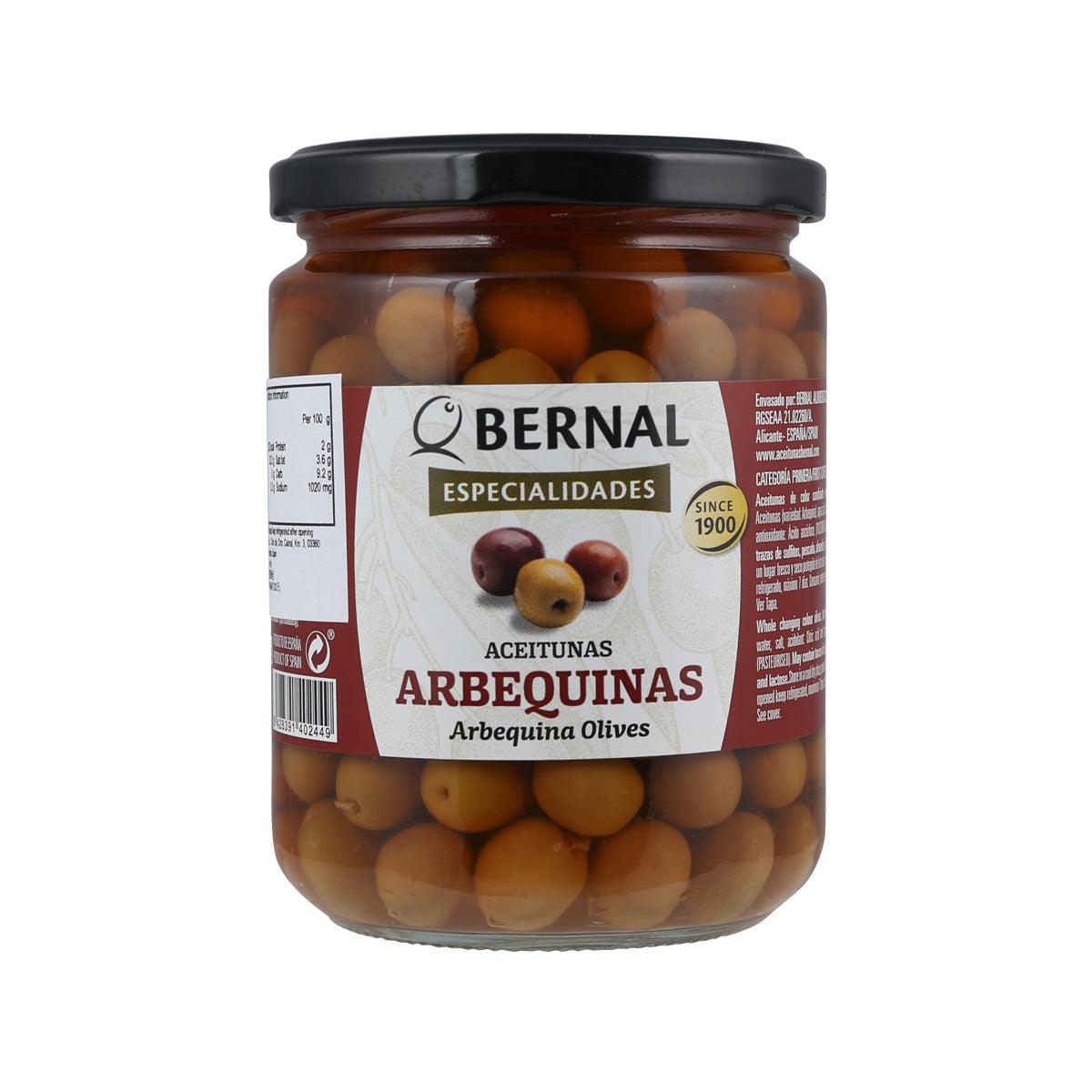BERNAL Arbequina olives jar with whole golden-brown olives in brine