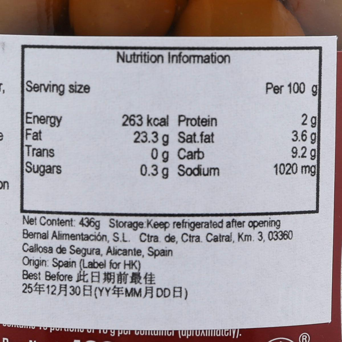 BERNAL Arbequina olives nutrition facts label on jar