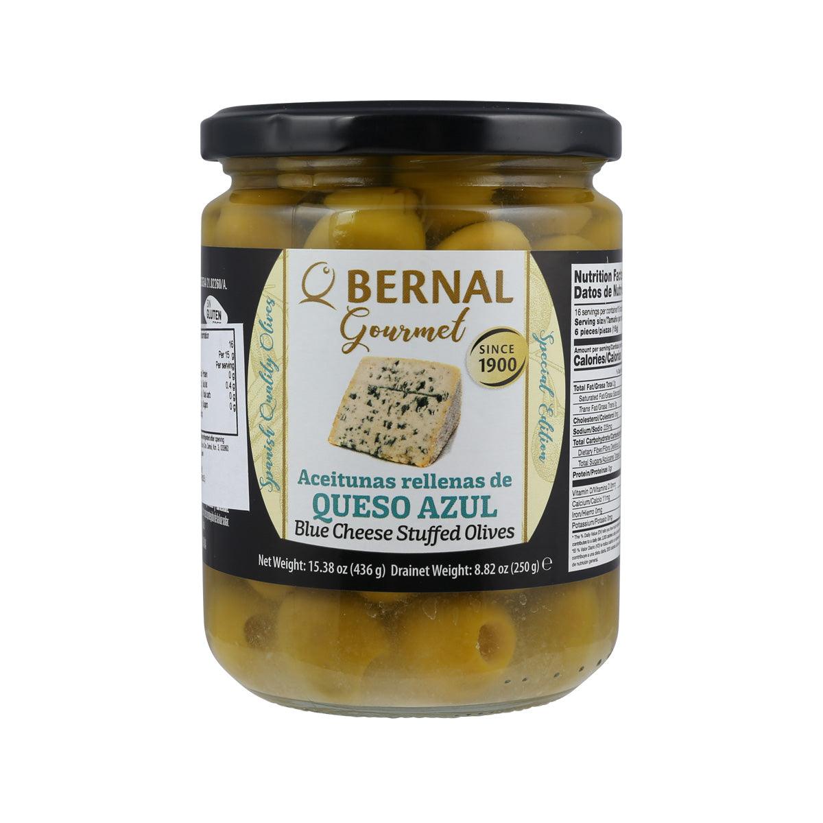 BERNAL blue cheese stuffed olives jar with green olives in brine, 436 g