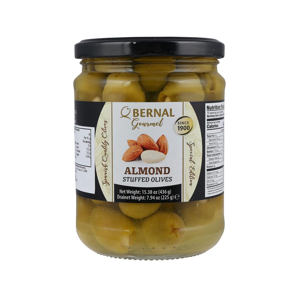 BERNAL almond stuffed olives in a glass jar with black lid, 436g net weight