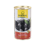 Bernal pitted black olives can with serving label and dark olives inside