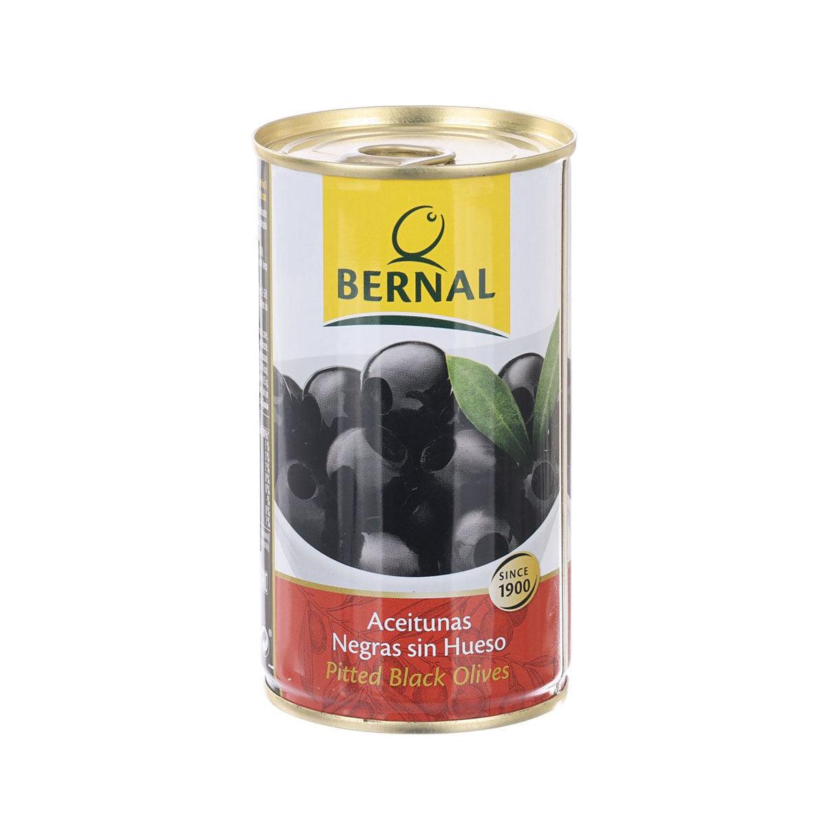 Bernal pitted black olives can with serving label and dark olives inside