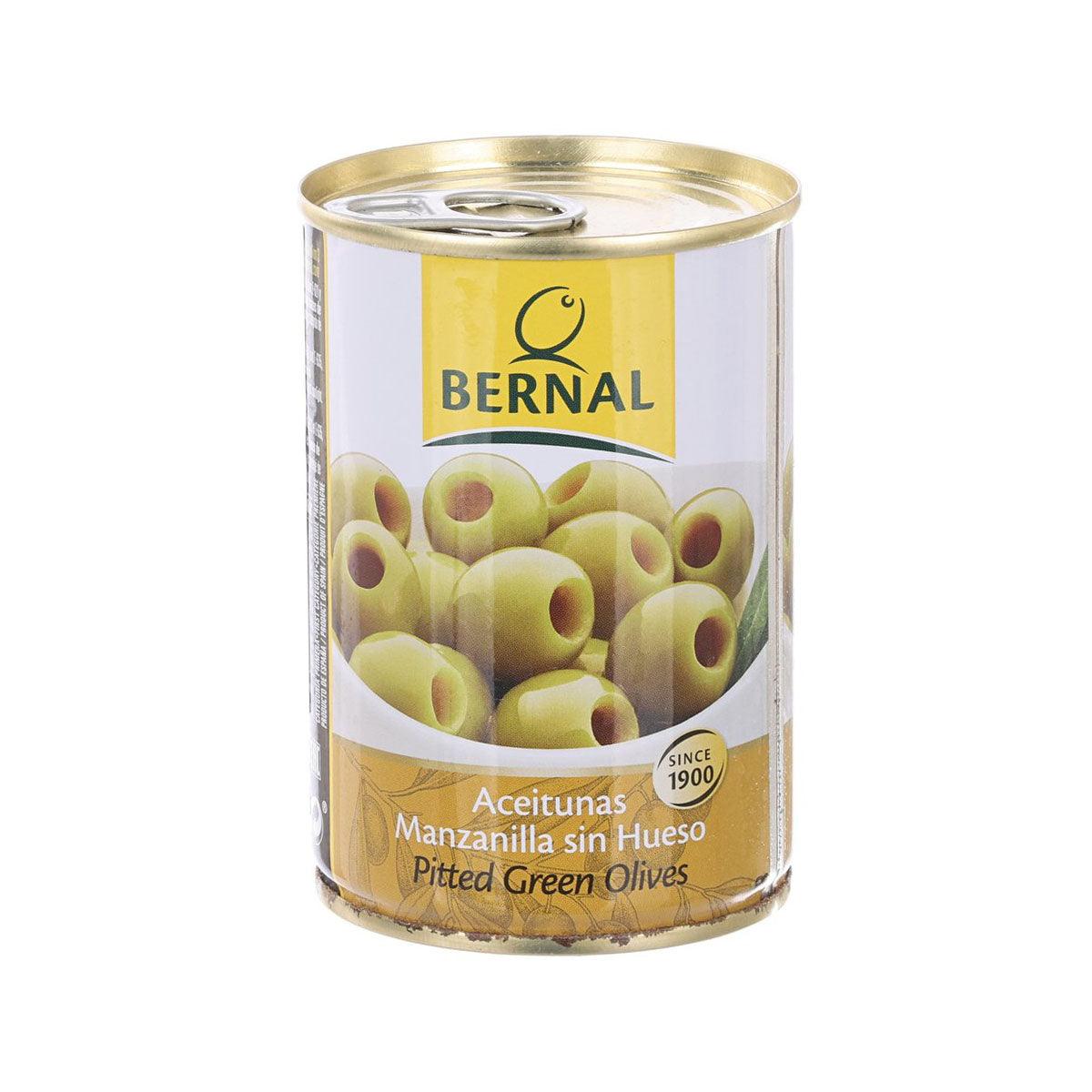 BERNAL pitted green Manzanilla olives can with gold lid