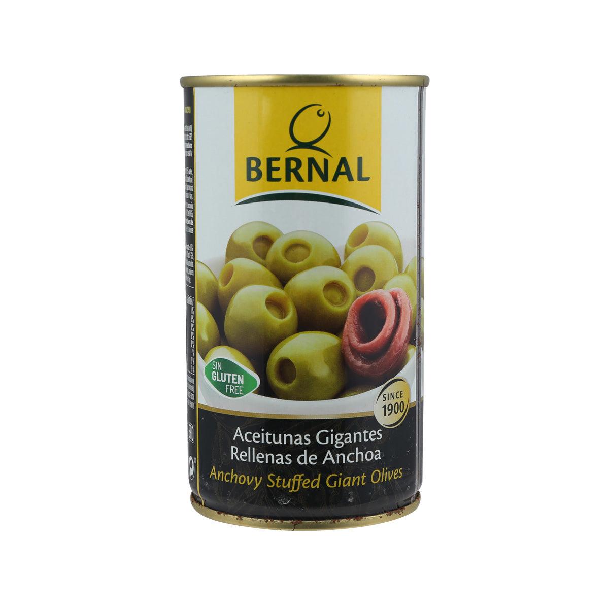 Can of anchovy-stuffed giant olives, BERNAL label