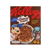 KELLOGG'S Choco Krispies rice cereal box with chocolate crunch and mascot