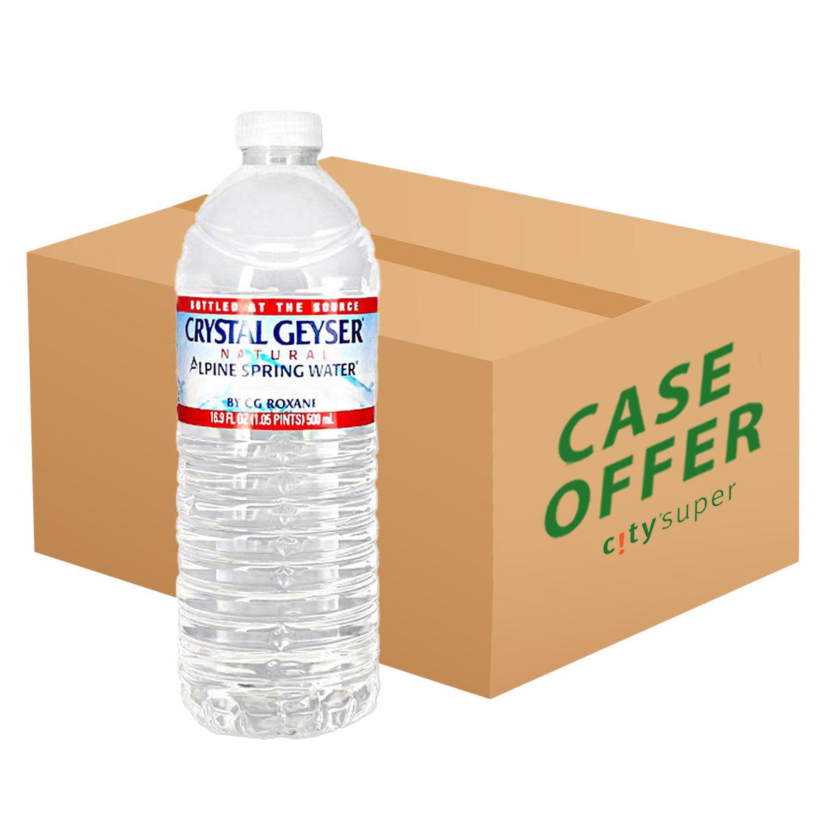 500 mL natural alpine spring water bottle beside cardboard case