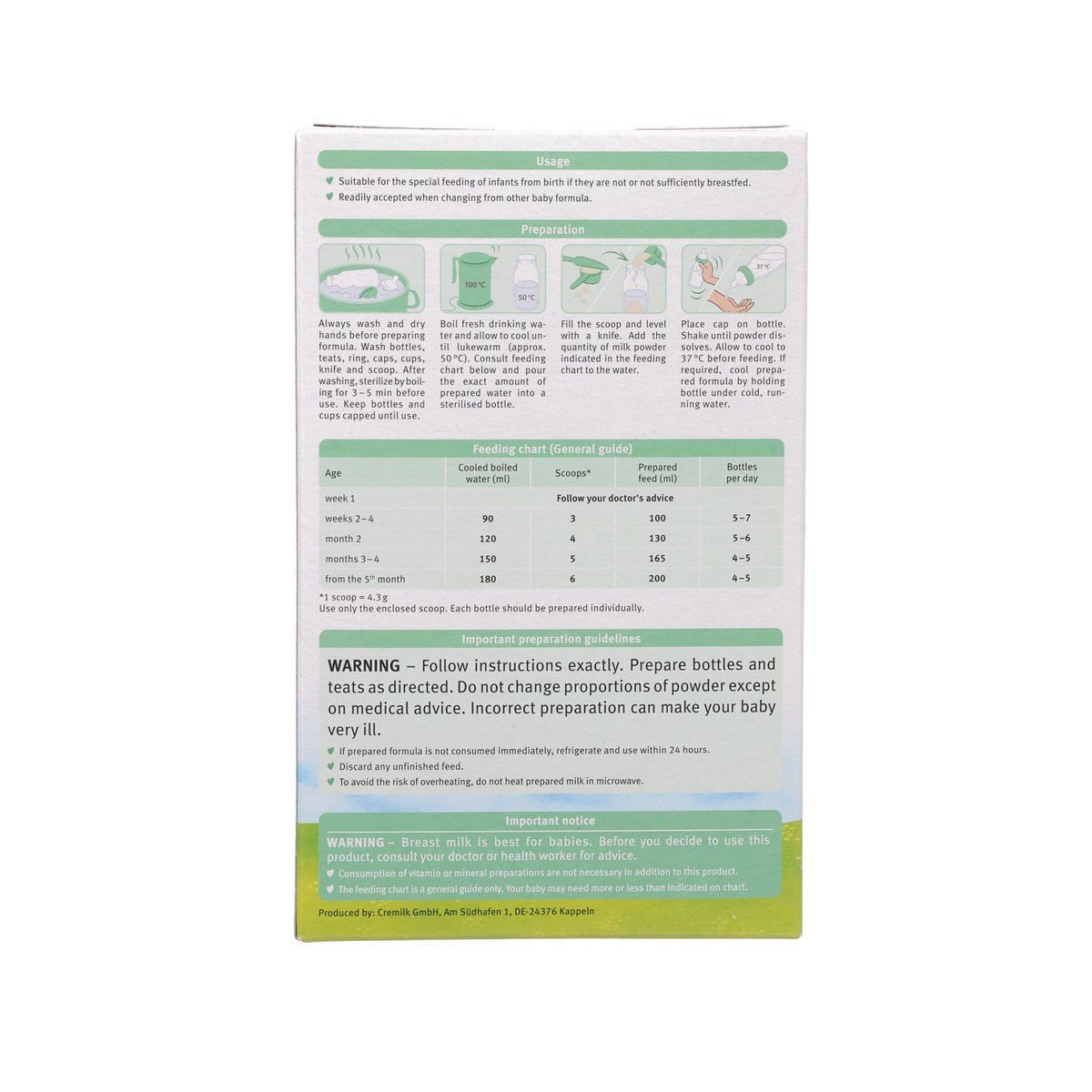Holle Organic formula 1 box back with feeding directions and nutrition table