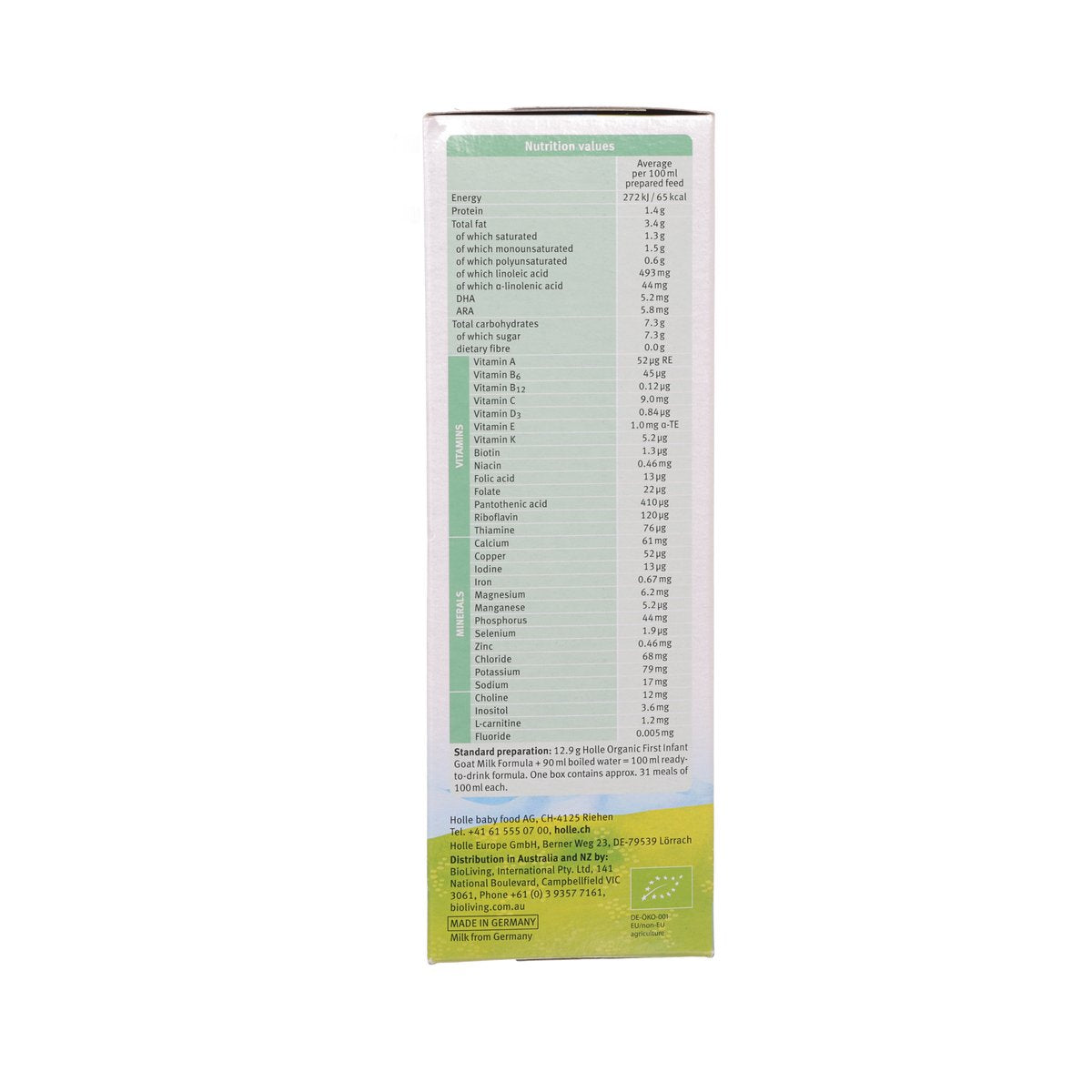 Holle Organic formula 1 box side with nutrition values label