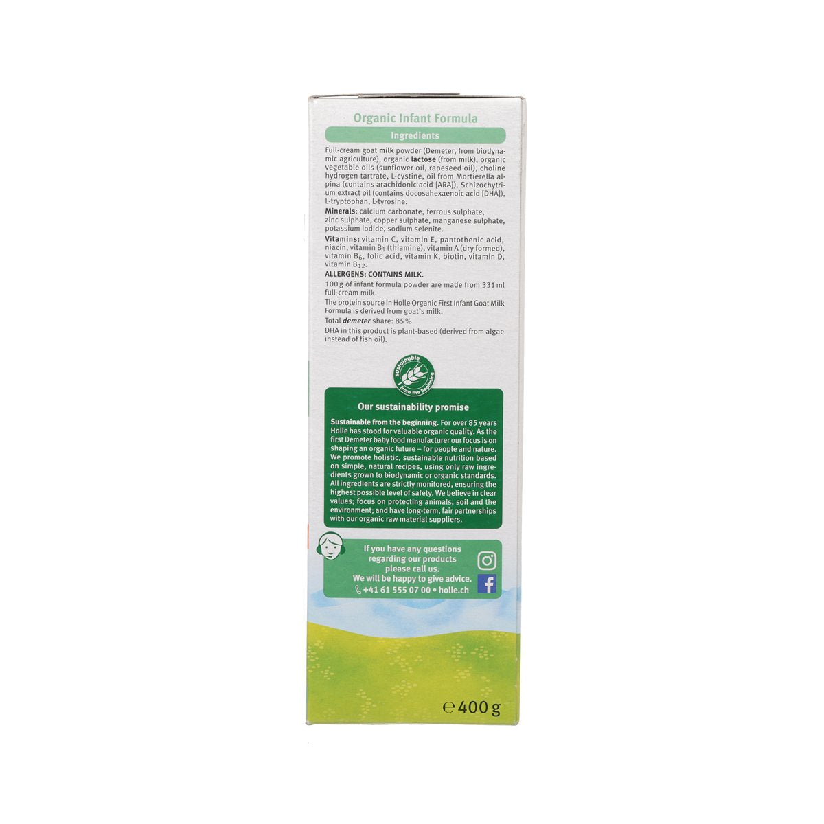 Holle Organic infant formula box with ingredients, sustainability promise, and 400g
