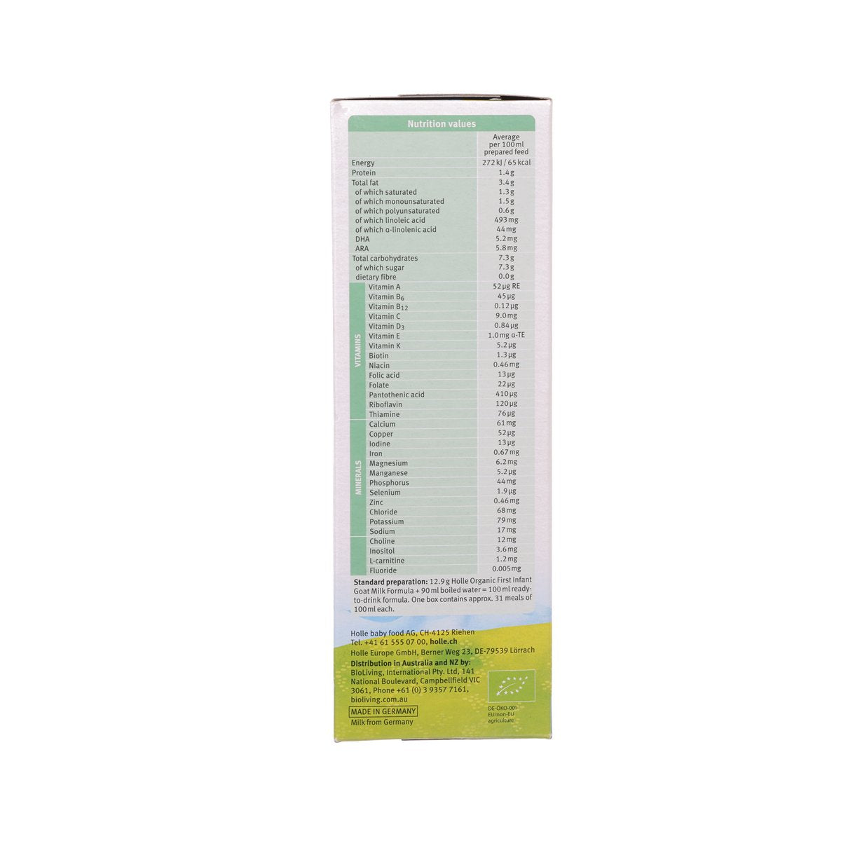 Holle Organic formula 1 box side with detailed nutrition information list