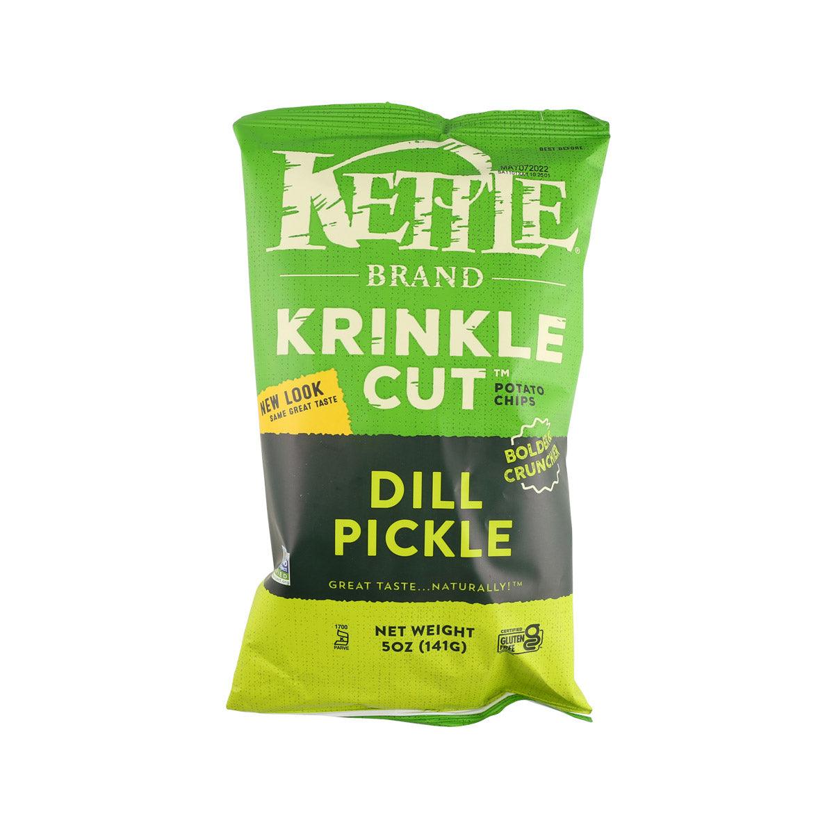 KETTLE Krinkle Cut potato chips bag, Dill Pickle flavor, green front label