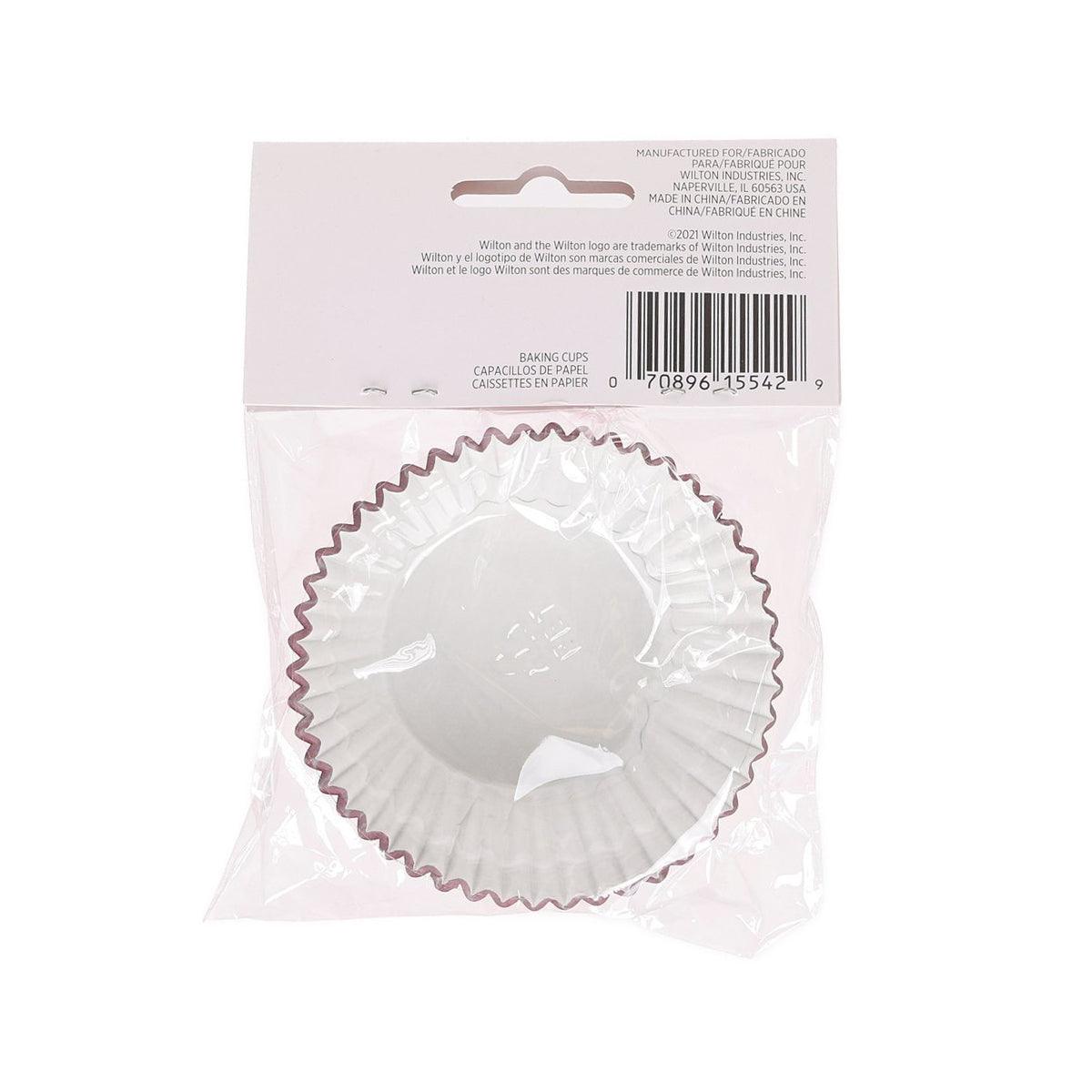 Clear bag of pink foil baking cups with scalloped edge, back-of-pack view