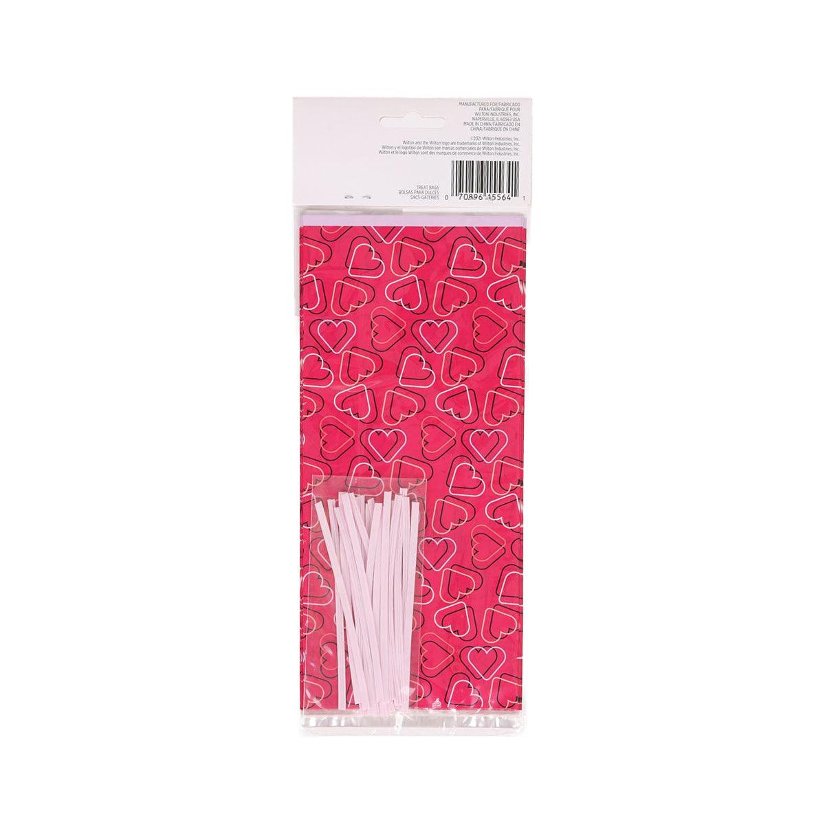 Back of Valentine treat bag pack, 20-count, pink heart pattern