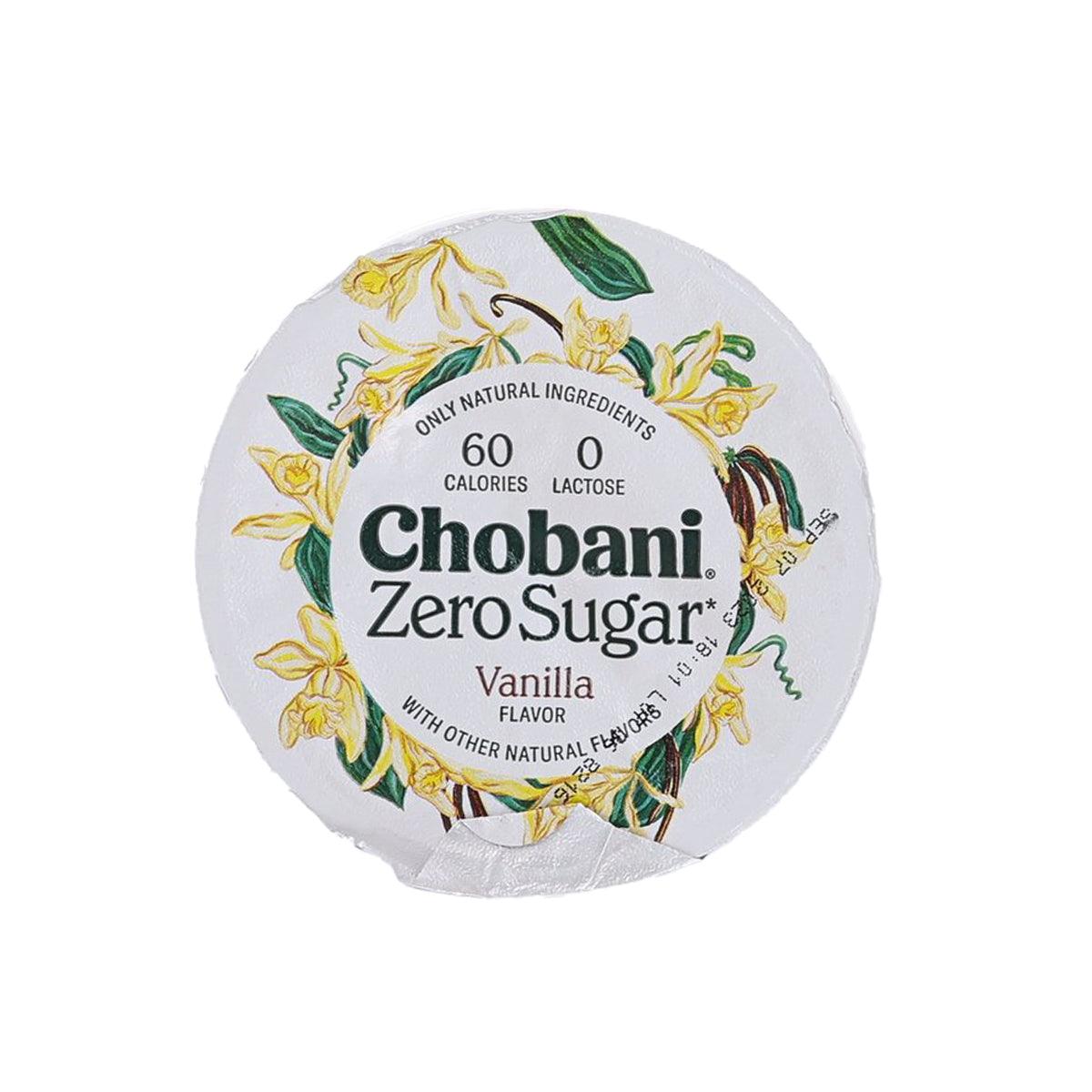 CHOBANI Zero Sugar Vanilla Greek yogurt tub lid, floral label with 0 lactose text