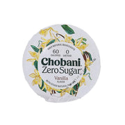 CHOBANI Zero Sugar Vanilla Greek yogurt tub lid, floral label with 0 lactose text
