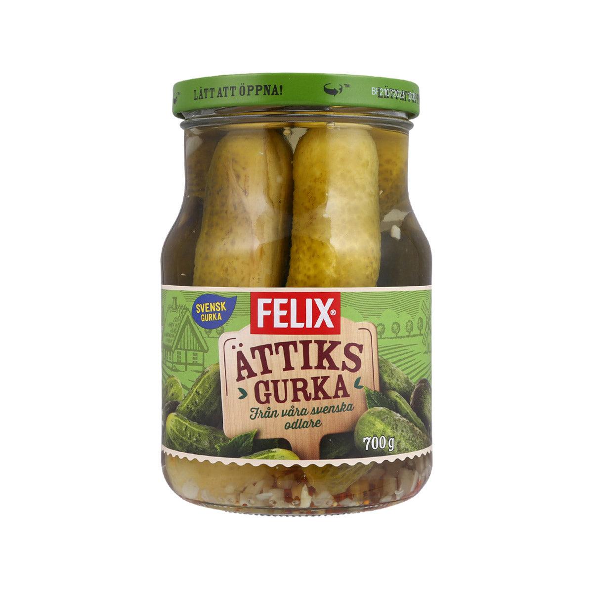 FELIX Swedish pickled gherkins in glass jar with green lid, 700 g