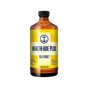 Amber kombucha bottle with Health-Ade Plus Belly Reset label and black cap
