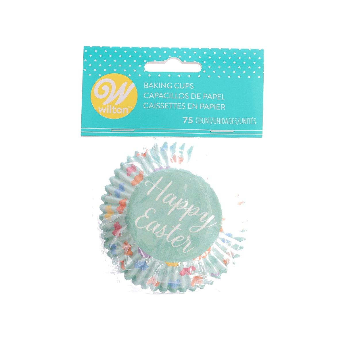 Easter baking cup liners, turquoise with 'Happy Easter' print, 75-pack.