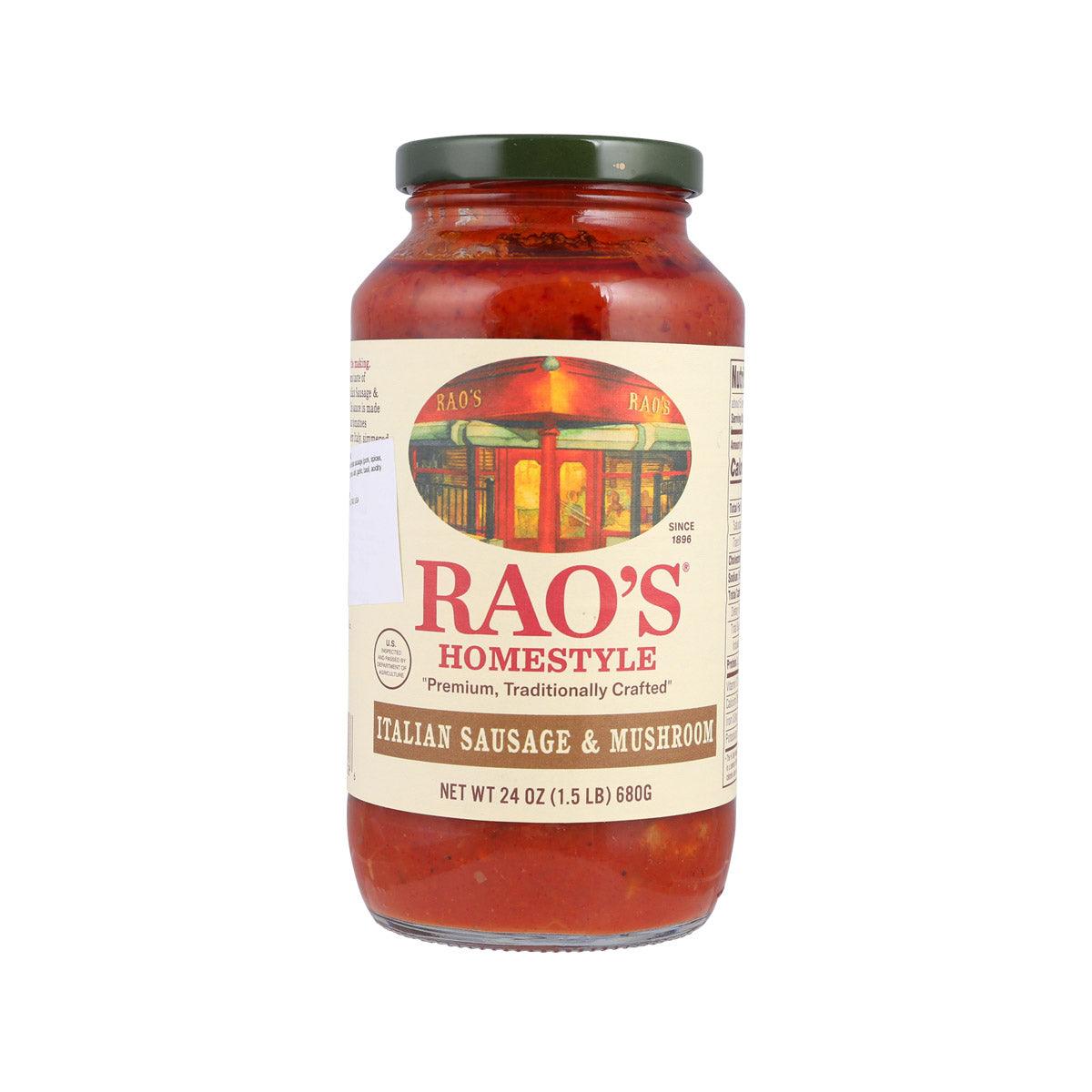 RAO'S Italian sausage & mushroom sauce jar, front label, red sauce