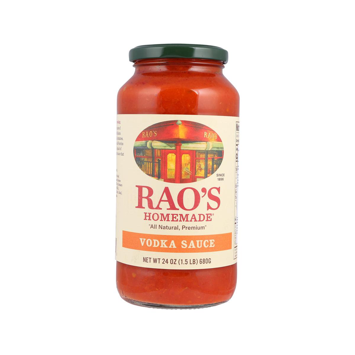 RAO'S vodka sauce jar with red sauce and green lid