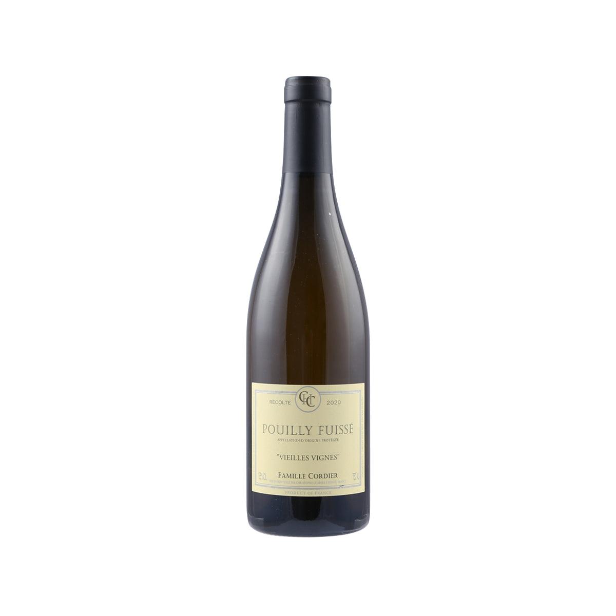 Wine bottle with dark glass and cream label reading Pouilly Fuisse Vielles Vignes