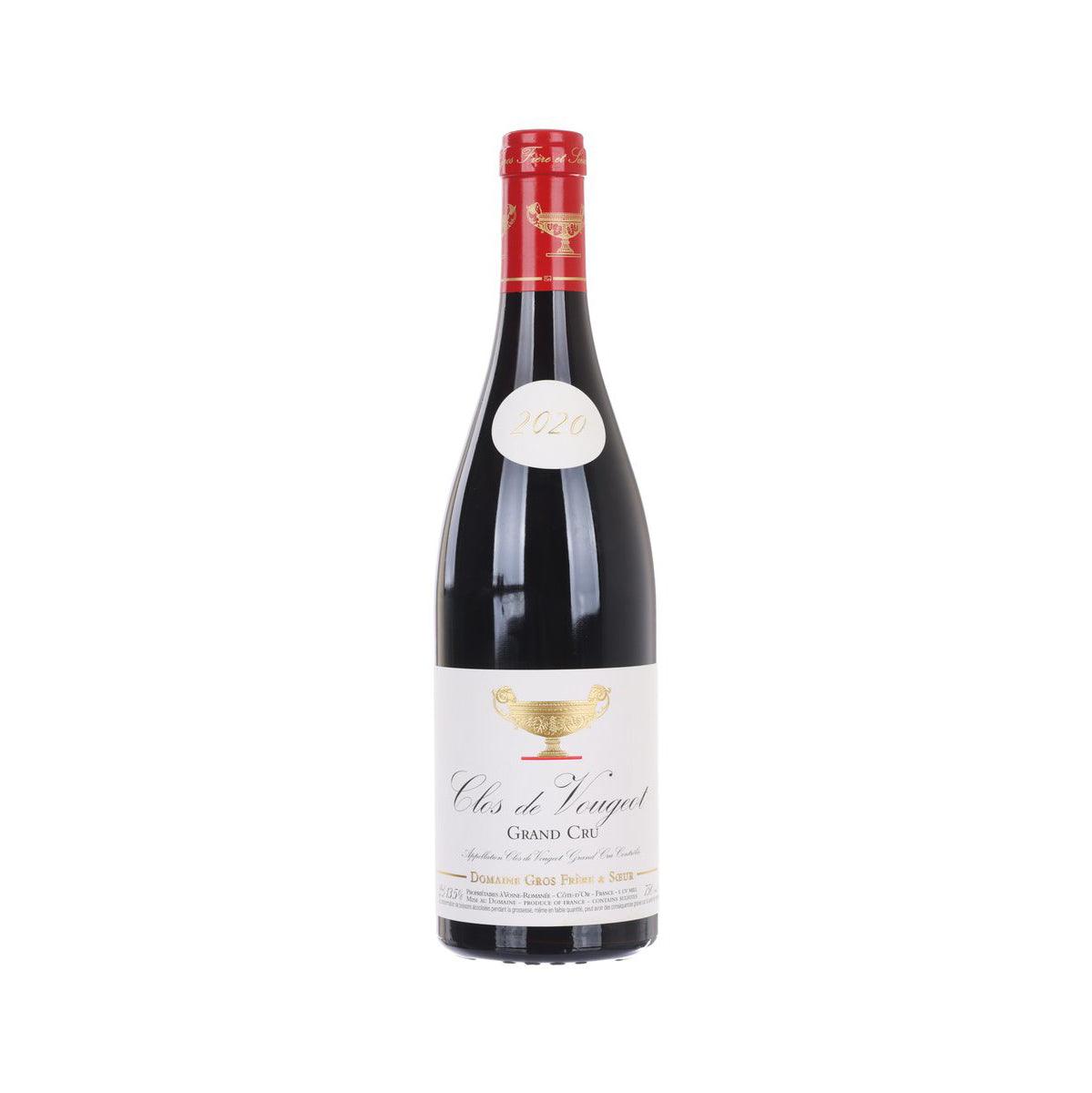 Clos de Vougeot Grand Cru wine bottle, red foil cap, front label