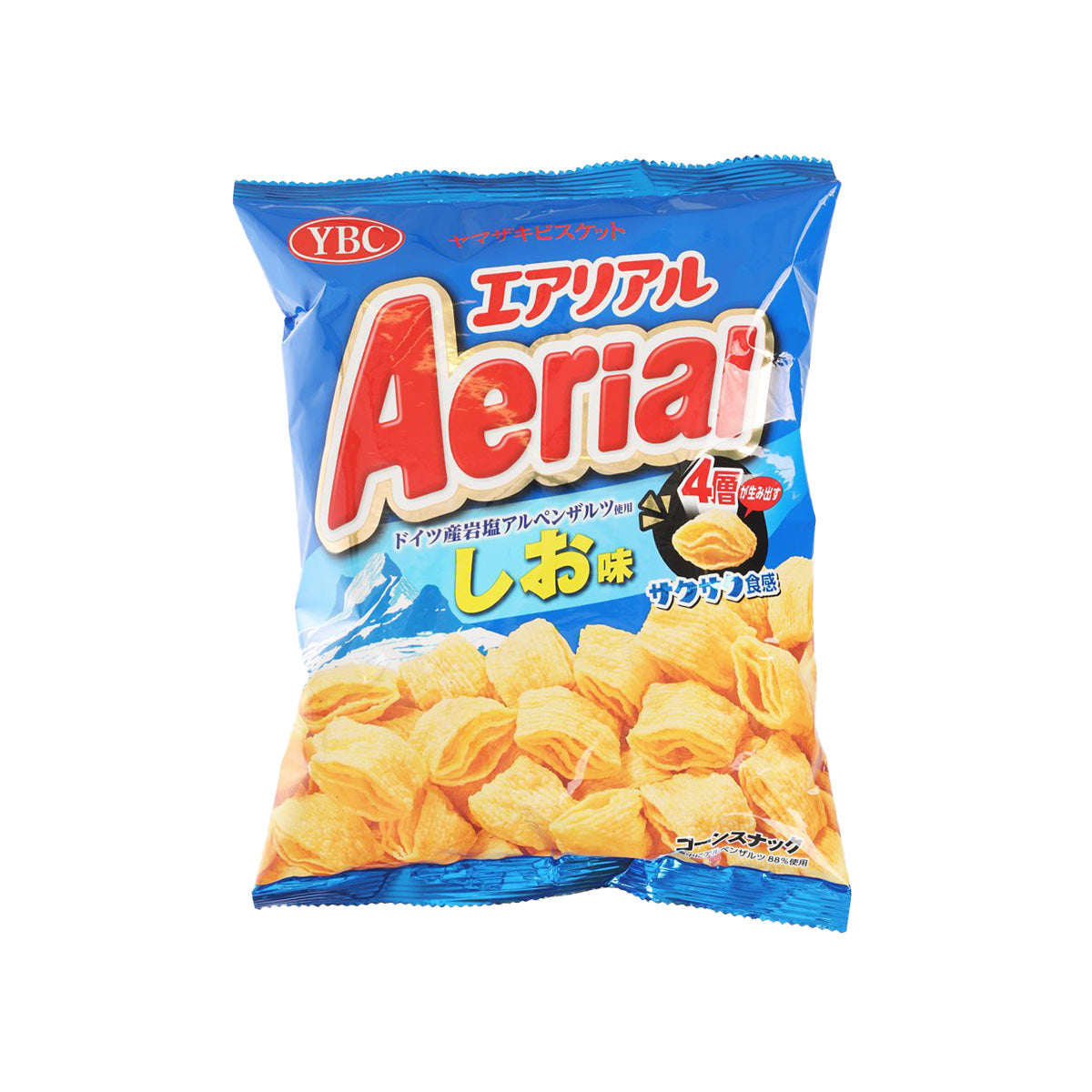 Aerial corn snack bag, blue with YBC logo and Aireal branding