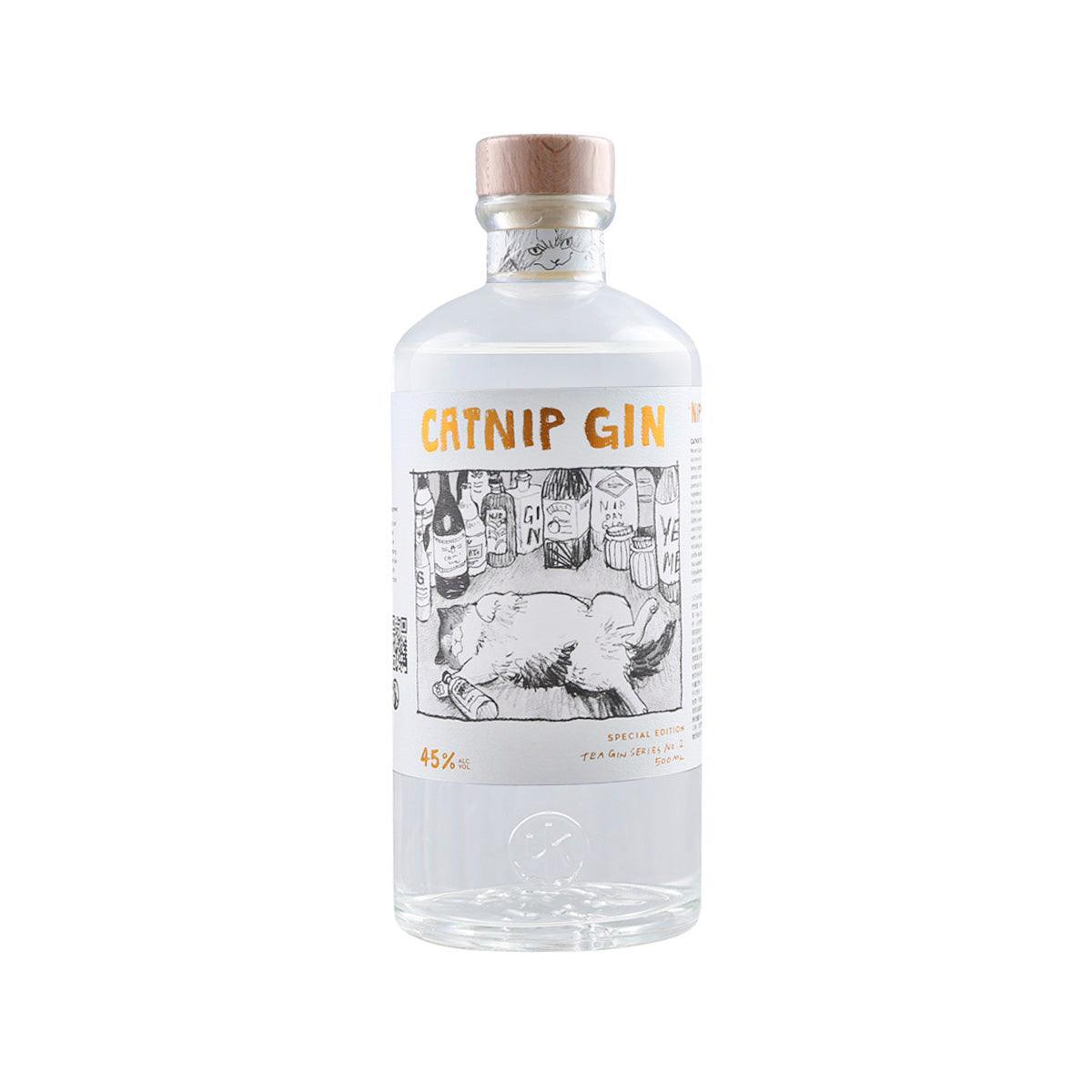 Catnip gin bottle, clear glass with cork top and catnip gin label, 45% ABV