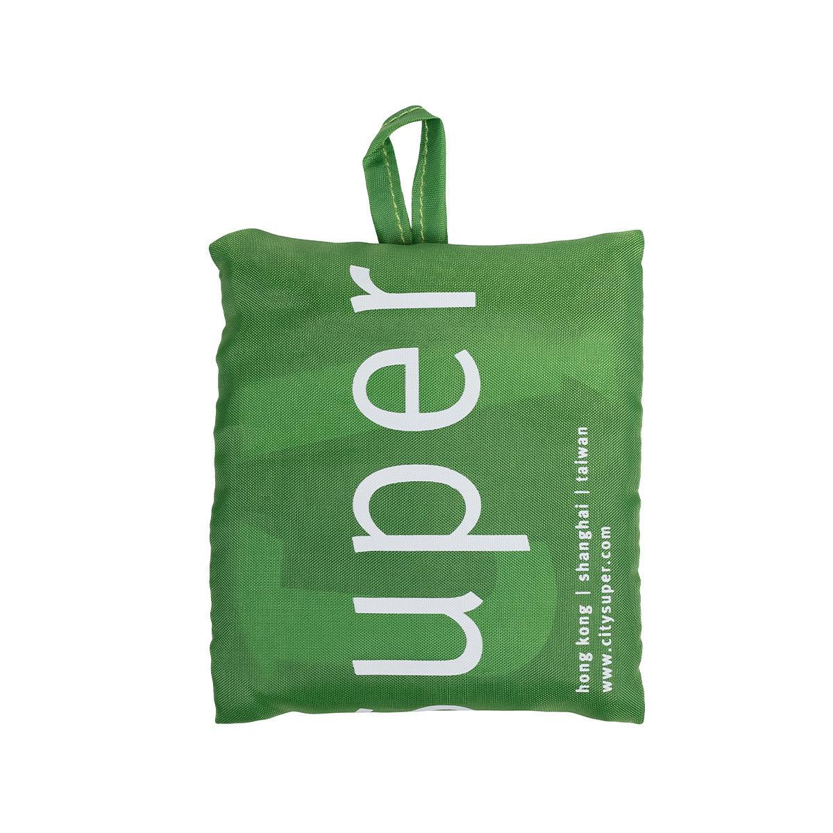 Green compact tote bag with top loop handle, CITYSUPER logo and slogan text