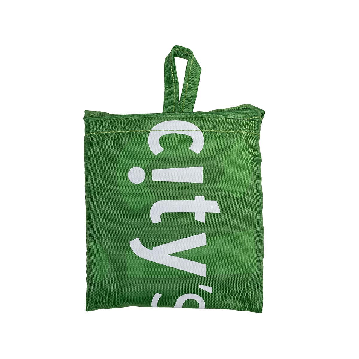 Green foldable tote bag, compact pouch with top loop handle and CITYSUPER logo