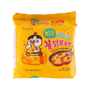 SAMYANG Hot Chicken stir ramen cheese flavor pouch, yellow with bowl of noodles