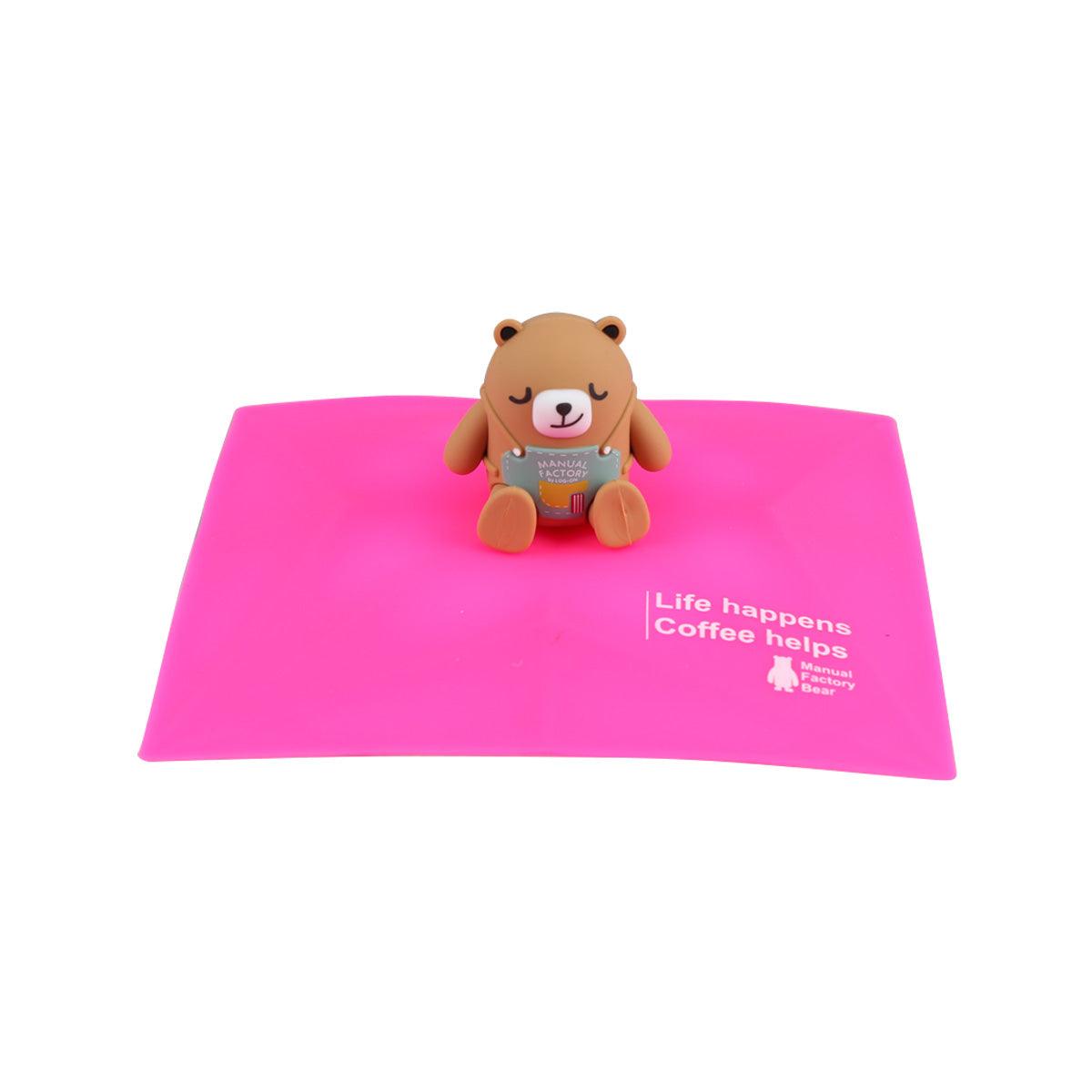 Pink square silicone cup cover with cute bear figurine topper