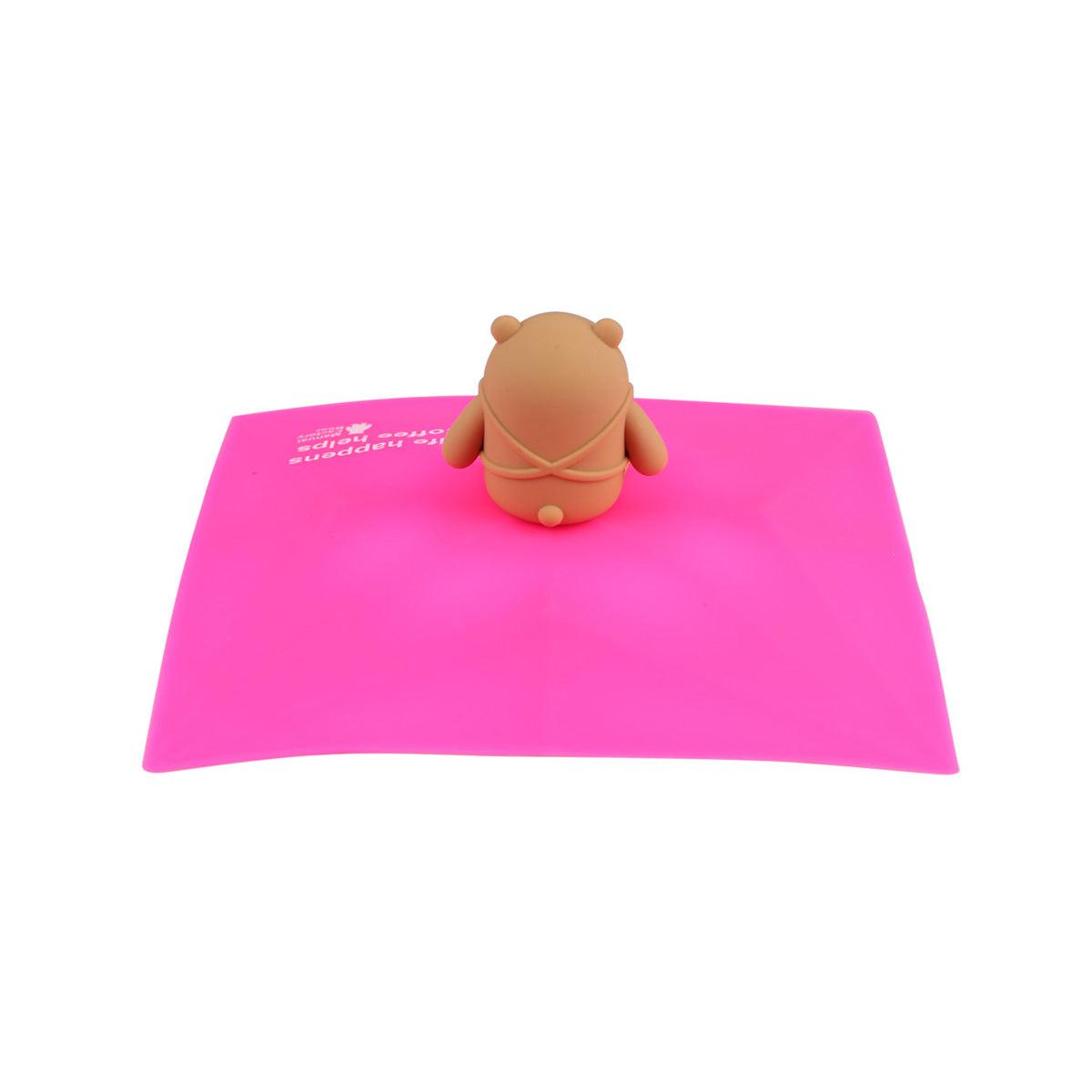 Pink square silicone cup cover with brown bear figurine and loop
