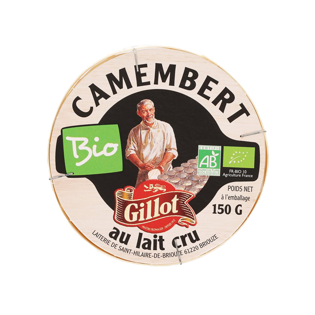 Mini organic raw milk Camembert cheese wheel with brand label, 150 g
