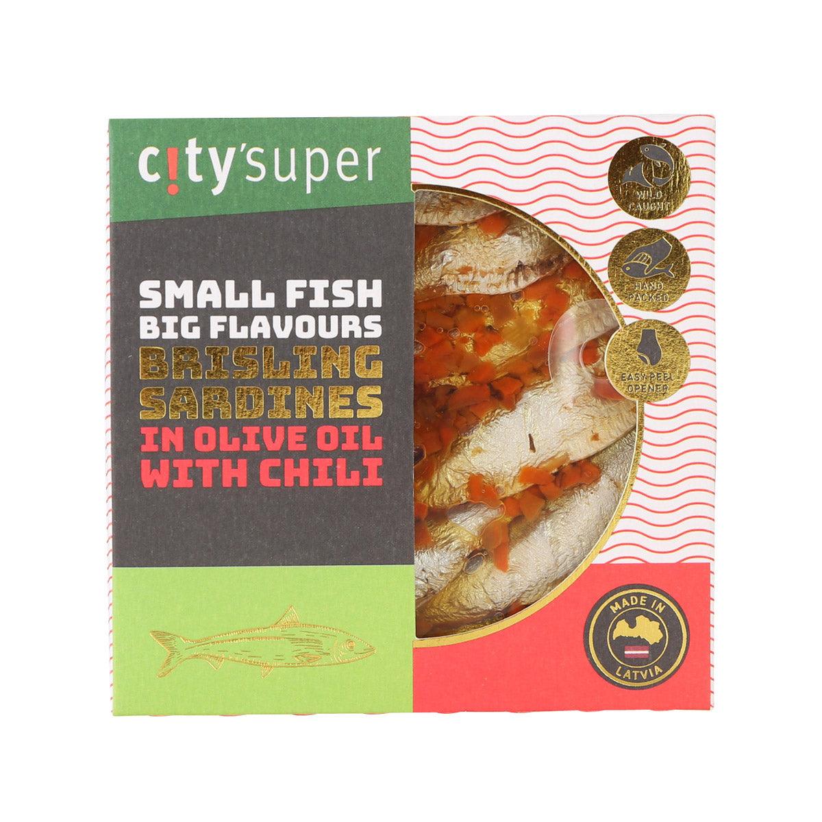 CITYSUPER brisling sardines in olive oil with chili 120g package, boxed label