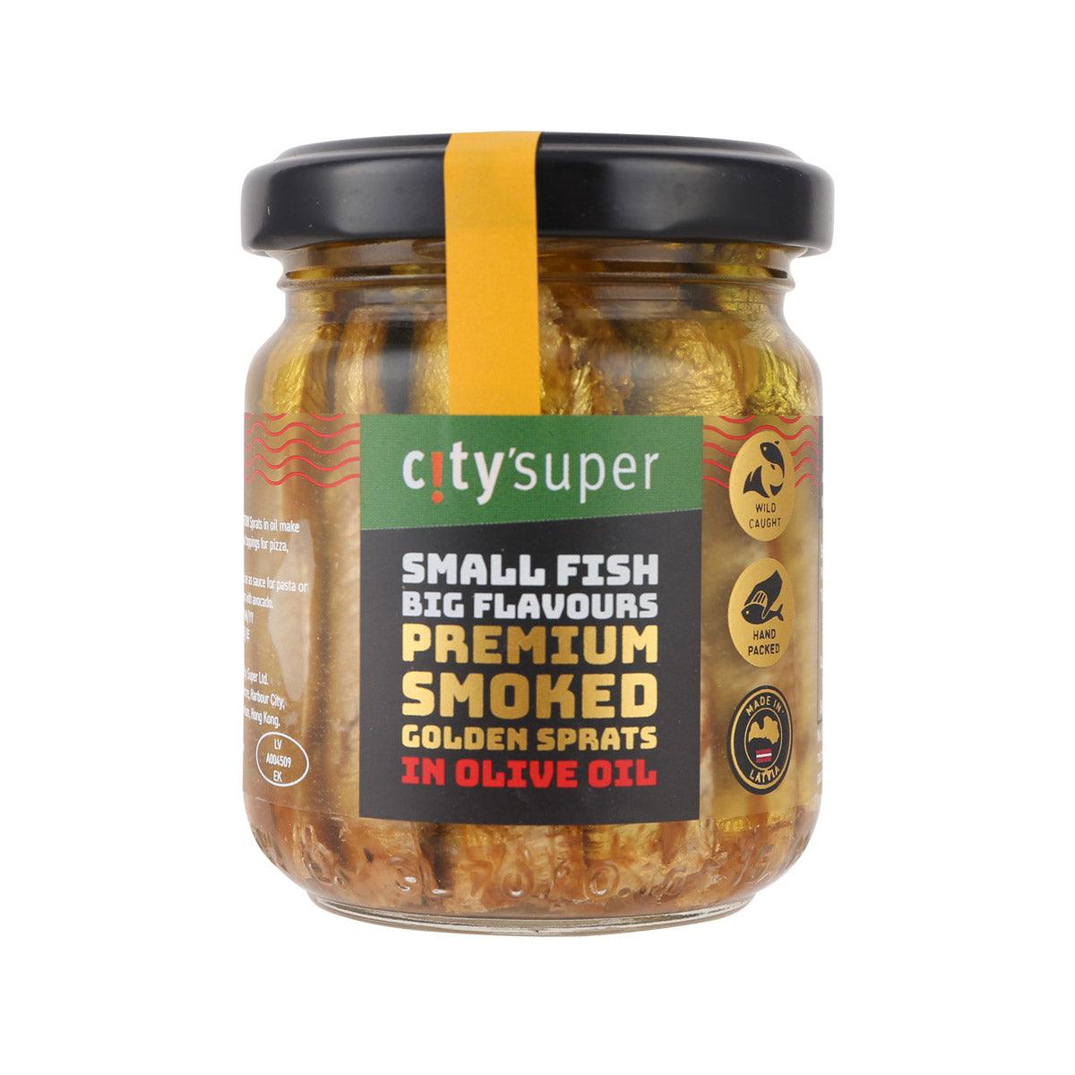 CITYSUPER smoked golden sprats in olive oil, glass jar with black lid and label